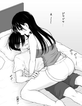1boy 1girl ass back_peek bare_arms bare_shoulders barefoot blush boku_no_kokoro_no_yabai_yatsu breasts camisole closed_eyes commentary_request dolphin_shorts greyscale hair_between_eyes hand_on_another&#039;s_waist hetero highres ichikawa_kyoutarou large_breasts long_hair lying monochrome on_back on_bed open_mouth pillow shirt short_hair shorts straddling translation_request yamada_anna zeroasann