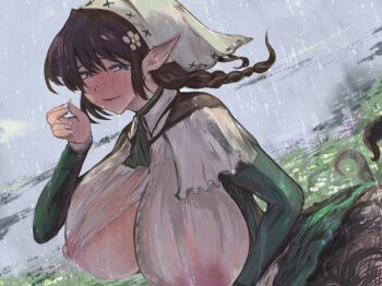 1girl ascot blush braid breasts brown_hair brown_vest closed_mouth clothing_request coin collared_shirt commentary_request dress dutch_angle fingernails flower freckles green_ascot green_dress green_eyes hair_flower hair_ornament hand_up headscarf highres holding holding_coin huge_breasts large_areolae light_smile long_hair long_sleeves looking_at_viewer mimic mon-musu_quest! mon-musu_quest:_paradox nipples outdoors pointy_ears rain revealing_clothes shirt solo stefanie_(mon-musu_quest!) tentacles un_do underboob upper_body vest water_drop wet wet_clothes wetland white_headscarf white_shirt