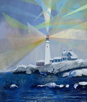 acrylic_paint_(medium) anastasia_trusova building commentary english_commentary highres lighthouse no_humans ocean original outdoors overcast painting_(medium) scenery sky traditional_media