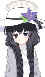 Rule 34 | 1girl, absurdres, bags under eyes, black hair, blue archive, blue eyes, blush, braid, closed mouth, commentary request, flower, grey jacket, hair over shoulder, halo, hat, hat flower, highres, jacket, jitome, long hair, looking at viewer, low twintails, off shoulder, open clothes, open jacket, purple flower, shirt, simple background, sleeveless, sleeveless shirt, solo, sprout (haji s), sweat, twin braids, twintails, ui (blue archive), upper body, very long hair, white background, white hat, white shirt
