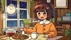 >_< 1girl animated blunt_bangs blush_stickers braid brown_hair chair coffee cookie cup donut drinking food highres holding holding_cup indoors mug night on_chair original ozu_(oz_yarimasu) plant potted_plant short_hair side_braid sitting solo table tagme teddy_bear_hair_ornament video