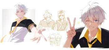 1boy 1girl antenna_hair blue_eyes bow chibi chinese_commentary closed_eyes collared_shirt commentary_request commission couple hair_between_eyes hair_bow hand_up head_tilt heart heart-shaped_hair high_collar high_ponytail holding_hands honkai_(series) honkai_impact_3rd kevin_kaslana looking_at_viewer looking_to_the_side mei_(honkai_impact) mixed-language_commentary necktie official_alternate_costume one_eye_closed ponytail reaching reaching_towards_viewer school_uniform second-party_source shade shiregotoaka shirt sketch standing upper_body v white_background white_hair