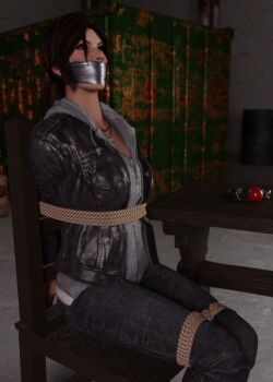 1girl 3d arms_behind_back ball_gag bdsm bondage bound bound_legs breasts brown_eyes brown_hair chair gag gagged improvised_gag iorel-renders jewelry lara_croft looking_up necklace tape tape_gag tied_to_chair tomb_raider variant_set