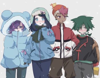 2boys 2girls black_hair black_jacket blue_eyes blush closed_mouth cold cowlick dark-skinned_male dark_skin dot_(pokemon) eyelashes fur_trim gloves green_hair hair_ornament hair_over_one_eye hairclip hood hood_up hooded_jacket jacket liko_(pokemon) long_hair long_sleeves looking_at_viewer multicolored_hair multiple_boys multiple_girls nintendo open_mouth pants pink_hair pokemon pokemon_(anime) pokemon_horizons purple_eyes purple_hair roy_(pokemon) scarf seiun_(hoshigumo_72) short_hair teeth two-tone_hair ult_(pokemon) winter winter_clothes