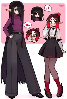 Rule 34 | + +, 2girls, 3:, absurdres, belt, black hair, black pants, black pantyhose, black shoes, black skirt, blush, braid, breasts, brown hair, buckle, character name, chibi, chibi inset, commentary, crown braid, earrings, eleanor (justadrian), english commentary, fangs, full body, hair over one eye, hand on own hip, hand up, heart, heart-shaped buckle, height, highres, jewelry, justadrian (yoadriandk), licorice (justadrian), long hair, long legs, long pointy ears, long sleeves, looking at viewer, mary janes, medium breasts, multiple girls, original, pale skin, pants, pantyhose, pink background, pointy ears, purple eyes, purple sweater, red hair, red socks, shirt, shoes, simple background, skirt, socks, spoken heart, spoken sparkle, standing, suspender skirt, suspenders, sweater, thumbs up, turtleneck, turtleneck sweater, very long hair, wavy mouth, white background, white shirt
