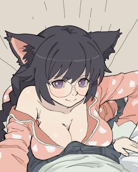 1girl bare_shoulders black_hair breasts bulge cat_girl cleavage erection erection_under_clothes girl_on_top glasses hanekawa_tsubasa hashtag-only_commentary highres isasoup large_breasts light_smile monogatari_(series) pajamas partially_undressed purple_eyes
