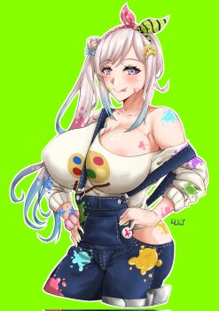 1girl airani_iofifteen airani_iofifteen_(1st_costume) area_15 blush breasts cleavage gradient_hair hair_ornament highres hololive hololive_indonesia keigakou large_breasts long_hair looking_at_viewer multicolored_hair overalls paint_on_body paint_on_clothes paint_palette paint_splatter paint_splatter_on_face palette_hair_ornament pink_hair purple_eyes side_ponytail simple_background smile solo virtual_youtuber
