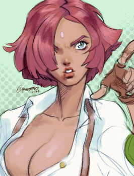 1girl blue_eyes breasts brown_gloves cleavage commentary dark-skinned_female dark_skin english_commentary facial_mark fingerless_gloves forehead_mark giovanna_(guilty_gear) gloves green_background guilty_gear guilty_gear_strive hair_over_one_eye highres large_breasts lips maddestmao no_bra partially_unbuttoned pointing police_badge red_hair shirt short_hair sleeves_pushed_up solo suspenders twitter_username upper_body white_shirt