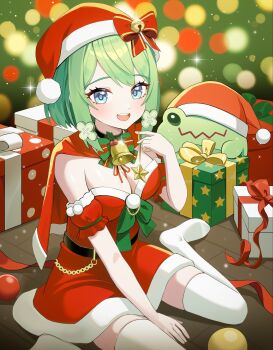 Rule 34 | 1girl, :d, bell, between legs, blue eyes, blurry, blurry background, breasts, capelet, christmas, cleavage, clover, clover hair ornament, commentary, detached sleeves, dot nose, dress, english commentary, facing to the side, four-leaf clover, four-leaf clover hair ornament, frog, gift, green background, green hair, green ribbon, hair ornament, hand between legs, hand up, hat, highres, holding, holding star, jingle bell, looking at viewer, medium breasts, medium hair, neck bell, open mouth, original, prock, red capelet, red dress, red hat, red ribbon, ribbon, santa costume, santa dress, santa hat, sitting, sleeveless, sleeveless dress, smile, solo focus, star (symbol), teeth, thighhighs, upper teeth only, wariza, white thighhighs, zettai ryouiki