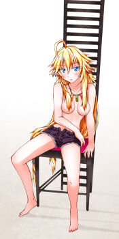 1girl ahoge barefoot blonde_hair blue_eyes blush borrowed_character breasts chair commentary_request expressionless full_body grey_background hair_over_breasts jewelry ladder long_hair looking_at_viewer medium_breasts necklace open_fly parted_lips pointy_ears ragnarok_online saaki_(sa-ki) sitting solo stalker_(ragnarok_online) topless_female very_long_hair