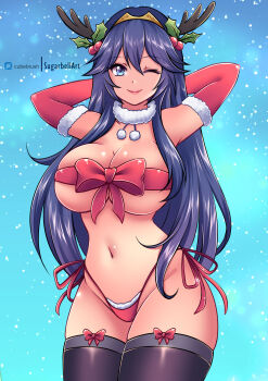 1girl antlers arms_behind_head arms_up black_thighhighs blue_background blue_eyes blue_hair blush bow bow_legwear breasts christmas cleavage collarbone fake_antlers fire_emblem fire_emblem_awakening fur-trimmed_gloves fur-trimmed_panties fur_collar fur_trim gloves hair_ornament headpiece highleg highleg_panties horns long_hair looking_at_viewer lucina_(fire_emblem) mistletoe_hair_ornament naked_ribbon navel nintendo one_eye_closed panties pom_pom_(clothes) red_bow red_gloves red_panties red_ribbon reindeer_antlers ribbon santa_costume side-tie_panties smile snow standing sugarbell thighhighs topless_female underboob underwear wink