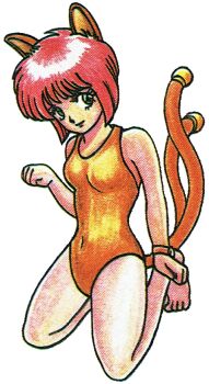 1980s_(style) 1girl animal_ears breasts cat_ears cat_girl cat_tail covered_navel demon_(megami_tensei) digital_devil_story esaki_minoru green_eyes kneeling leotard megami_tensei multiple_tails nekomata nekomata_(megami_tensei) official_art oldschool orange_leotard paw_pose red_hair retro_artstyle scan simple_background solo tail third-party_source transparent_background two_tails watch wristwatch
