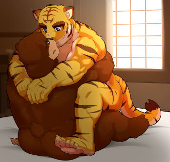 2boys absurdres animal_ear_fluff animal_ears bara bear_boy bear_ears bear_tail blush brown_fur animal_nose claws fangs furry furry_male heart highres juuichi_mikazuki looking_at_another male_focus morenatsu multiple_boys open_mouth orangetaming pawpads sitting smile tail tiger_boy tiger_ears tiger_stripes tiger_tail torahiko_oshima yaoi yellow_fur
