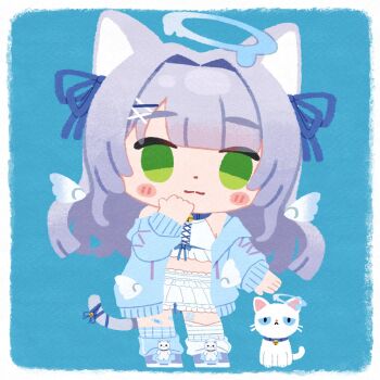 1girl :3 animal animal_collar animal_ears arm_at_side asymmetrical_legwear bandaged_leg bandages bandaid_on_thigh bell blue_background blue_halo blue_hoodie blue_leg_warmers blue_ribbon blue_shoes blunt_bangs blush_stickers border cat cat_ears cat_girl cat_tail chibi chibi_only closed_mouth collar detached_wings dot_nose frilled_shorts frills full_body green_eyes grey_hair grey_tail hair_intakes hair_ribbon halo halterneck hand_up highres hood hood_down hoodie indie_virtual_youtuber jingle_bell leg_warmers long_hair maten_matyu melting_halo midriff mini_wings mismatched_legwear neck_bell no_lineart no_pupils no_sclera open_clothes open_hoodie ribbon rounded_corners shirt shoes shorts side-by-side solo standing tail tail_bell tail_ornament tenkuu_fukurou wavy_hair white_border white_cat white_leg_warmers white_shirt wings