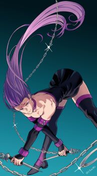 1girl artist_name chain chiamo_(lmc_clm) collar commentary dress english_commentary fate/stay_night fate_(series) heaven's_feel highres holding holding_weapon long_hair medusa_(fate/stay_night) mystic_eyes pink_hair purple_collar signature skirt solo square_pupils strapless strapless_dress toned toned_female twitter_username weapon