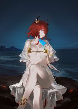 1girl absurdres alternate_costume arknights arknights:_endfield arm_support bikini black_horns bracelet breasts breasts_apart commentary crossed_legs demon_girl demon_horns food gold_bikini gold_bracelet highres holding holding_food holding_ice_cream holding_popsicle horns ice_cream jewelry laevatain_(arknights) large_breasts looking_at_viewer lucasafontes night ocean on_rock parted_lips popsicle purple_eyes red_hair sarong sitting solo surtr_(arknights) swimsuit torn_clothes turning_head white_sarong