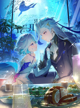 1boy 1girl ahoge ascot asymmetrical_bangs asymmetrical_gloves backless_dress backless_outfit bare_shoulders black_ascot black_shirt blue_ascot blue_coat blue_eyeliner blue_eyes blue_gem blue_hair blue_jacket blush bottle bowl branch bread brooch candle candle_wax candlelight closed_mouth coat colored_inner_hair couch cowlick cream cup dress drinking_glass drop-shaped_pupils eyelash_ornament eyeliner feather_hair_ornament feathers fish food furina_(genshin_impact) gem genshin_impact gloves hair_between_eyes hair_ornament heterochromia highres holding holding_cup hydro_symbol_(genshin_impact) indoors jacket jewelry jiao_bei_jiu lapels leaf long_hair long_sleeves looking_at_another makeup melusine_(genshin_impact) mismatched_gloves mismatched_pupils multicolored_hair neuvillette_(genshin_impact) ocean open_mouth ouji_fashion pipipitoto_sou plant plate pointy_ears purple_eyes salad shirt short_hair splendor_of_tranquil_waters_(genshin_impact) steak streaked_hair symbol-shaped_pupils table two-tone_hair white_ascot white_dress white_hair wine_bottle wine_glass