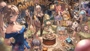 >_< 6+girls absurdres apron armpits artist_request asymmetrical_legwear black_gloves black_leotard black_shoes black_thighhighs blonde_hair blue_choker blue_dress blue_eyes blue_gloves blue_hair blue_necktie bottle braid breasts brown_hair cake cake_slice can cat character_request chibi chocolate_cake chocolate_chip_cookie choker cityscape cleavage clock closed_eyes coffee_table collarbone commentary_request cookie copyright_logo couch covered_navel cup cupcake detached_collar digital_clock dress drink_can drinking drinking_glass elbow_gloves fishnet_thighhighs fishnets food frilled_dress frills gloves goggles green_shrug grey_eyes grey_hair groin hair_intakes hand_on_own_hip hat high_ponytail highleg highleg_leotard highres holding holding_bottle holding_cup jewelry leotard letter_balloon logo long_hair looking_at_viewer looking_back macaron maid_apron maid_headdress mary_janes medium_breasts medium_hair midriff mini_hat mini_top_hat multicolored_hair multiple_girls necklace necktie nontraditional_playboy_bunny on_couch party_popper pink_streaks ponytail red_streaks shelf shoes short_hair shrug_(clothing) single_thighhigh standing starward strapless strapless_leotard streaked_hair table thigh_strap thighhighs top_hat twin_braids twintails white_dress window wine_glass