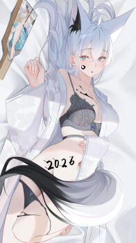 1girl 2026 absurdres ahoge animal_ears aqua_eyes bed_sheet black_bra black_panties body_writing bra breasts cleavage commentary_request double-parted_bangs extra_ears fox_ears fox_girl fox_tail hair_between_eyes highres hololive japanese_clothes kimono large_breasts long_hair looking_at_viewer lying navel on_back open_clothes open_kimono panties panty_pull shirakami_fubuki shirakami_fubuki_(new_year) solo stomach tail tail_censor tanishi_(hetianming11093) underwear virtual_youtuber white_hair white_kimono