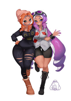 2girls little_blood multiple_girls octoling octoling_girl octoling_player_character splatoon_(series) splatoon_2 tentacle_hair wide_hips