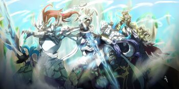 1girl 2boys armor armored_dress armored_gloves artist_name artist_request black_bodysuit blue_eyes blue_sky bodysuit cloud cloudy_sky dragon dragon_girl dragon_mask dress gloves glowing glowing_weapon grey_hair highres holding holding_sword holding_weapon long_hair mask mask_on_head mask_over_one_eye mountain multiple_boys ornament purple_skirt red_hair skirt sky sword sword_weapon swordsoul_(yu-gi-oh!) swordsoul_of_mo_ye swordsoul_of_taia swordsoul_strategist_longyuan tail weapon white_hair yu-gi-oh! yu-gi-oh!_duel_monsters