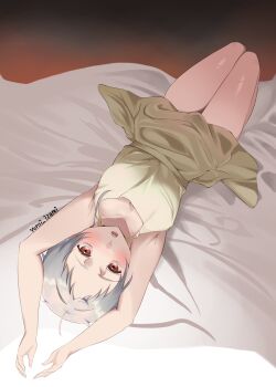 1girl armpits arms_up artist_name bed_sheet blush breasts cleavage collarbone commentary_request dress full_body highres looking_at_viewer lying medium_breasts mushoku_tensei on_back open_mouth red_eyes short_hair sleeveless sleeveless_dress solo sylphiette_(mushoku_tensei) thighs white_dress white_hair yoroi_no_izumi