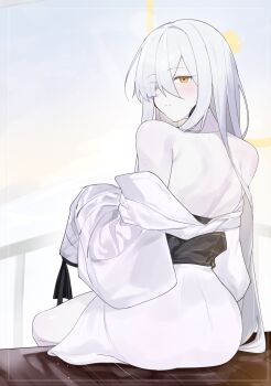 alternate_costume ass back blue_archive blush colored_skin commentary_request from_behind gensou_destroy halo highres japanese_clothes kimono looking_back malkuth_(blue_archive) off_shoulder one_eye_covered simple_background sitting smile symbol-shaped_pupils white_hair white_skin yellow_eyes