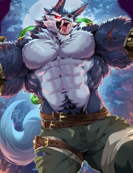 1boy 2xko abs absurdres animal_ears bara bare_pectorals biceps colored_sclera commentary earrings english_commentary fangs furry furry_male glowing glowing_eyes green_pants grey_fur highres jewelry league_of_legends looking_at_viewer male_focus multiple_earrings muscular muscular_male navel open_mouth pants pectorals phy_sen red_sclera tail topless_male torn_clothes torn_pants tube warwick wolf_boy wolf_ears wolf_tail