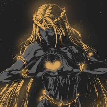 00osamio00 1girl armlet bare_shoulders blonde_hair bracelet censored circlet crown dress elden_ring elden_ring:_shadow_of_the_erdtree fromsoftware glowing gold_crown heart heart_hands highres jewelry long_hair sleeveless sleeveless_dress solo