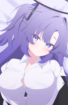 1girl absurdres blue_archive blue_eyes blush breasts button_gap collared_shirt fortysansan halo highres jacket large_breasts long_hair looking_at_viewer mechanical_halo purple_eyes purple_hair shirt solo two_side_up white_shirt yuuka_(blue_archive)