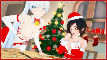 2girls blue_eyes brown_hair choker christmas cup grey_eyes highres lactation milk multiple_girls nyxxzeiss ponytail ruby_rose rwby short_hair skirt symbol-shaped_pupils weiss_schnee white_hair