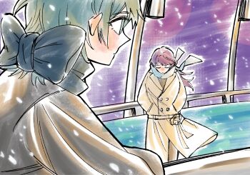 2girls aqua_eyes bang_dream! bang_dream!_it&#039;s_mygo!!!!! black_scarf blue_scarf brown_coat brown_hair closed_eyes coat commentary_request green_hair highres long_hair mole mole_under_eye multiple_girls outdoors scarf shiina_taki snowing xtk_(zoenina123) yahata_umiri