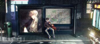 2boys artist_name backpack bag belt black_hair blonde_hair buckle bus bus_stop cellphone character_name collar denim draco_malfoy english_text full_body glasses grey_shirt harry_potter harry_potter_(series) jacket jeans jewelry male_focus map ming_cha motor_vehicle multiple_boys necklace outdoors pants pectoral_cleavage pectorals phone poster_(object) road shirt shoes sitting smartphone sneakers street sweater trash_can watch wing_collar wizarding_world wristwatch