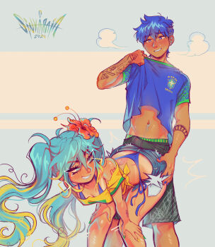 Rule 34 | 1boy, 1girl, 2024, alt text, aqua eyes, aqua hair, arm tattoo, bent over, bikini, bikini under clothes, black male underwear, blue bikini, blue eyes, blue hair, blue shirt, blush, brazilian miku, breasts, bulge, buttjob, cleavage, clothes grab, commentary request, dry humping, erection, erection under clothes, flower, grin, hair flower, hair ornament, hands on own hips, hatsune miku, hetero, highres, humping, kaito (vocaloid), long hair, male underwear, medium breasts, portuguese commentary, shirt, shirt grab, shorts, shorts under skirt, signature, sintastein, smile, steaming body, sweat, swimsuit, tan, tanline, tattoo, twintails, underwear, vocaloid