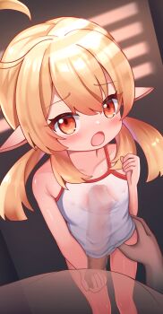 1boy 1girl absurdres ahoge akimiya_yamiku blonde_hair blush breasts brown_eyes camisole censored dark_skin erection genshin_impact highres klee_(genshin_impact) loli long_hair looking_at_viewer mosaic_censoring naizuri naizuri_under_clothes open_mouth paizuri panties penis penis_under_another's_clothes pointy_ears pov see-through_camisole see-through_clothes small_breasts testicle_grab thigh_grab thighs twintails underwear underwear_only white_camisole white_panties