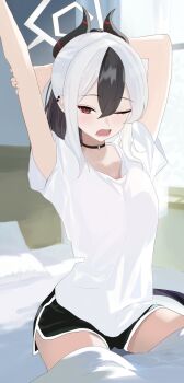 1girl arms_up bed black_choker black_hair black_horns black_shorts blue_archive choker demon_horns dolphin_shorts earclip grey_halo hair_between_eyes halo highres horns indoors kayoko_(blue_archive) keyan_art looking_at_viewer multicolored_hair one_eye_closed open_mouth piercing ponytail red_eyes shirt short_shorts short_sleeves shorts sitting solo stretching two-tone_hair waking_up white_hair white_shirt yawning