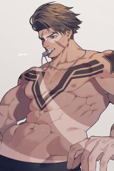 1boy abs absurdres arm_up blue_eyes brown_hair chest_tattoo collarbone commentary commentary_request cowboy_shot dog_tags dutch_angle facial_scar fingernails forked_eyebrows groin highres looking_down luke_sullivan male_focus multiple_scars muscular muscular_male navel necklace_in_mouth nipples pectorals prat_rat scar scar_across_eye scar_on_cheek scar_on_face short_hair shoulder_tattoo solo street_fighter street_fighter_6 tan tanline tattoo topless_male