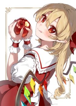 1girl :q apple back_bow bitten_apple blonde_hair blush bow collared_shirt commentary_request double-parted_bangs dutch_angle flandre_scarlet food food_bite food_on_face fruit hair_between_eyes highres holding holding_food holding_fruit looking_at_viewer nail_polish no_headwear one_side_up paragasu_(parags112) pointy_ears puffy_short_sleeves puffy_sleeves red_eyes red_nails red_skirt red_vest shirt short_sleeves skirt solo tongue tongue_out touhou twitter_username vest white_background white_bow wings wrist_cuffs