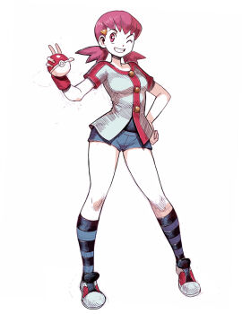 1girl ;d blue_shorts breasts buttons commentary_request eyelashes genzoman grin hair_ornament hairclip hand_on_own_hip hatching_(texture) holding holding_poke_ball jacket kneehighs medium_hair nintendo one_eye_closed open_mouth pink_eyes pink_hair poke_ball poke_ball_(basic) pokemon pokemon_hgss shoes short_shorts short_sleeves shorts simple_background smile socks solo standing striped_clothes striped_socks teeth twintails two-tone_socks white_background white_jacket whitney_(pokemon)