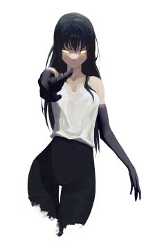 1girl absurdres bare_shoulders black_gloves black_hair black_pants breasts chainsaw_man closed_mouth commentary elbow_gloves english_commentary gloves glowing glowing_eyes high-waist_pants highres long_hair looking_at_viewer medium_breasts pants pointing pointing_at_viewer ringed_eyes shirt shirt_tucked_in simple_background sleeveless solo takikomu0 tank_top white_background white_tank_top yellow_eyes yoru_(chainsaw_man)