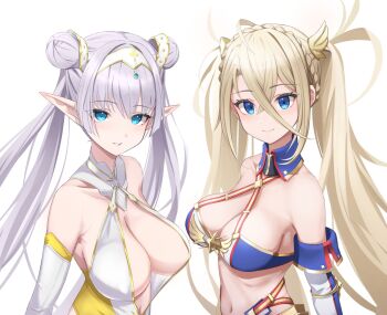 2girls armor bare_shoulders bikini bikini_armor blonde_hair blue_bikini blue_eyes blue_gloves blush bradamante_(fate) bradamante_(third_ascension)_(fate) braid breasts britomart_(fate) britomart_(final_ascension)_(fate) center_opening cleavage collarbone crossed_bangs crown_braid double_bun elbow_gloves fate/grand_order fate_(series) faulds gloves gold_trim grey_hair hair_between_eyes hair_bun hairband highleg highleg_bikini highres large_breasts long_hair looking_at_viewer multicolored_bikini multicolored_gloves multiple_girls navel o-ring one-piece_swimsuit pointy_ears smile swimsuit taut_clothes taut_swimsuit twintails two-tone_bikini two-tone_gloves very_long_hair white_bikini white_gloves white_one-piece_swimsuit yuniyuni