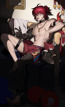 1boy armband bandaid bandaid_on_cheek bandaid_on_face bandaid_on_nose bandaids_on_nipples barefoot black_choker blue_eyes choker couch ear_piercing hair_between_eyes highres honkai:_star_rail honkai_(series) jewelry looking_at_viewer luka_(honkai:_star_rail) male_focus mechanical_arms medal necklace one_eye_closed open_mouth pasties pectorals piercing ponytail red_hair red_shorts ring shoes shorts single_mechanical_arm sitting solo thigh_strap tian88587822 toned toned_male topless_male unworn_shoes
