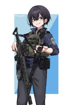 1girl black_eyes black_hair commentary_request feet_out_of_frame glasses gun highres holding holding_gun holding_weapon ivan_wang original police police_uniform policewoman short_hair smile standing teeth twitter_username weapon weapon_request
