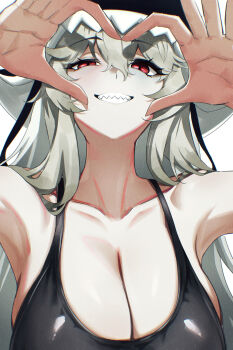 1girl arknights breasts cleavage clenched_teeth collarbone commentary_request ei_(eiei_e1) grey_hair heart heart_hands highres large_breasts long_hair looking_at_viewer red_eyes sharp_teeth smile solo specter_(arknights) teeth upper_body