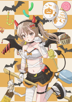 1girl :o absurdres bandages bat_(animal) bat_wings black_choker black_skirt boko_(girls_und_panzer) breasts broom candy chocolate chocolate_bar choker demon_horns demon_tail food girls_und_panzer globe gloves grey_hair halloween halloween_costume highres horns long_hair looking_at_viewer navel qgkmn541 shimada_arisu skirt small_breasts solo stuffed_animal stuffed_toy tail teddy_bear white_gloves wings