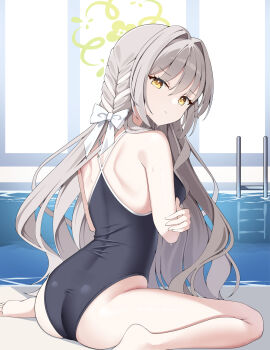 1girl alternate_costume back black_one-piece_swimsuit blue_archive closed_mouth from_behind green_halo grey_hair halo highres long_hair looking_at_viewer miyo_(blue_archive) one-piece_swimsuit pool sitting sob_(submar1089) solo swimsuit yellow_eyes