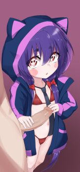 1boy 1girl animal_ears animal_hood bikini black_necktie blue_jacket blush_stickers bow cat_ears commentary dark_gathering english_commentary erection expressionless eyelashes fake_animal_ears feet_out_of_frame flat_chest foreskin foreskin_fingering foreskin_insertion glansjob hair_between_eyes hair_bow hair_over_shoulder handjob hetero highres hood hood_up hooded_jacket houzuki_yayoi jacket loli long_hair long_sleeves looking_at_another looking_to_the_side looking_up low_twintails multicolored_jacket navel necktie open_clothes open_jacket open_mouth penis penis_grab pestil pink_jacket purple_hair red_background red_bikini red_bow red_eyes simple_background skull-shaped_pupils solo_focus standing swimsuit symbol-shaped_pupils testicles thick_eyebrows twintails two-tone_jacket very_long_hair