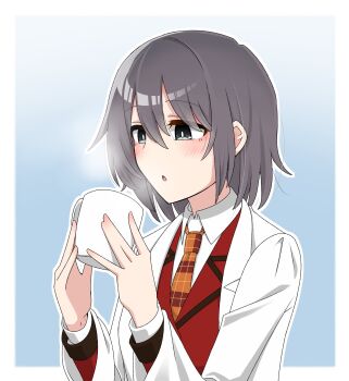 Rule 34 | 1girl, blazer, blowing on food, blue background, border, collared shirt, commentary, cup, grey eyes, grey hair, highres, holding, holding cup, jacket, kamiya rika, lab coat, long sleeves, love live!, love live! school idol festival, medium hair, mug, necktie, open mouth, orange necktie, outline, outside border, plaid clothes, plaid necktie, red jacket, school uniform, shinonome academy school uniform, shirt, simple background, solo, steam, tetetsu, untranslatable commentary, upper body, white border, white outline, white shirt