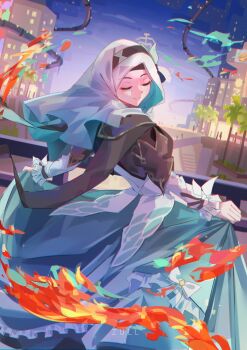 Rule 34 | 1girl, adapted costume, building, closed eyes, closed mouth, clothes lift, dress, dress lift, fire, firefly (honkai: star rail), green hijab, hairband, highres, hijab, honkai: star rail, honkai (series), long skirt, night, night sky, outdoors, skirt, skirt hold, sky, smile, solo, u u, zull