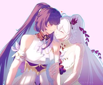 2girls ahoge bare_shoulders blue_hair breasts colored_inner_hair dress grabbing_another&#039;s_arm hashtag-only_commentary highres honkai_(series) honkai_impact_3rd kiana_kaslana kiana_kaslana_(herrscher_of_finality) large_breasts long_hair mscheckacheck multicolored_hair multiple_girls pink_hair ponytail purple_eyes raiden_mei raiden_mei_(herrscher_of_origin) simple_background smile two-tone_hair very_long_hair white_background white_dress white_hair yuri